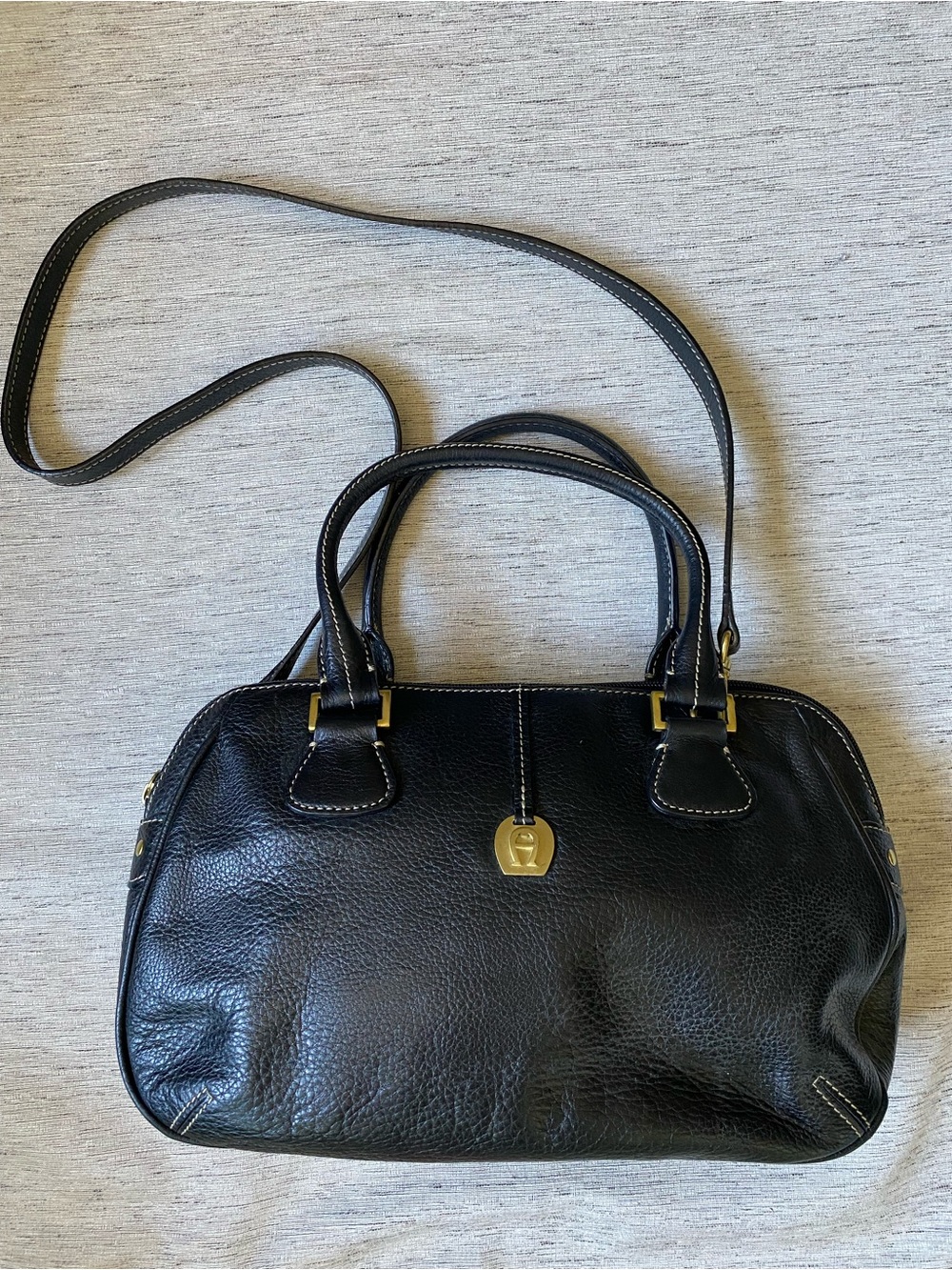 Etienne Aigner Black Pebbled Leather Satchel Crossbody Shoulder Bag Purse